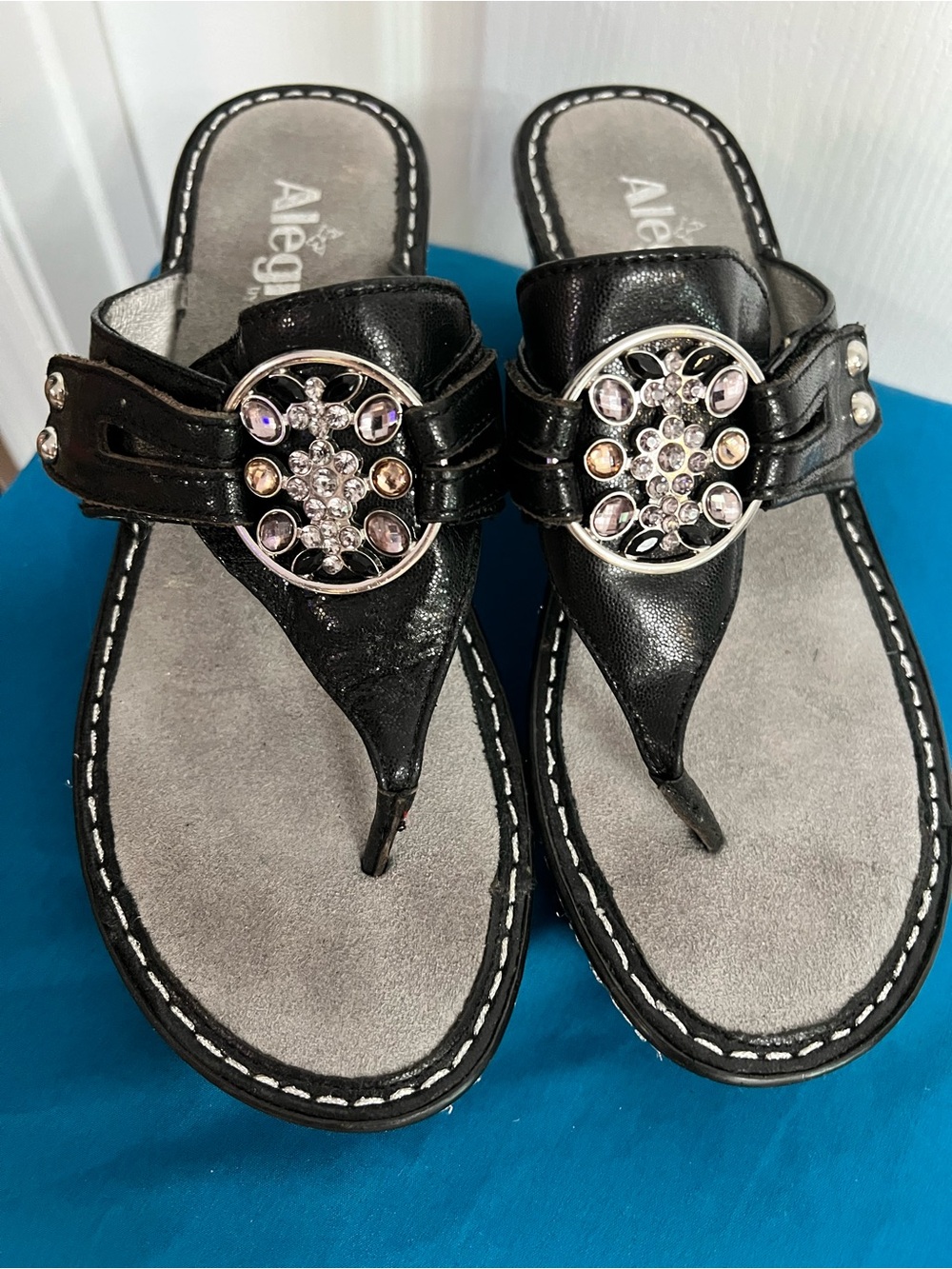 Alegria Black Jeweled Thong Sandals with Silver Accents